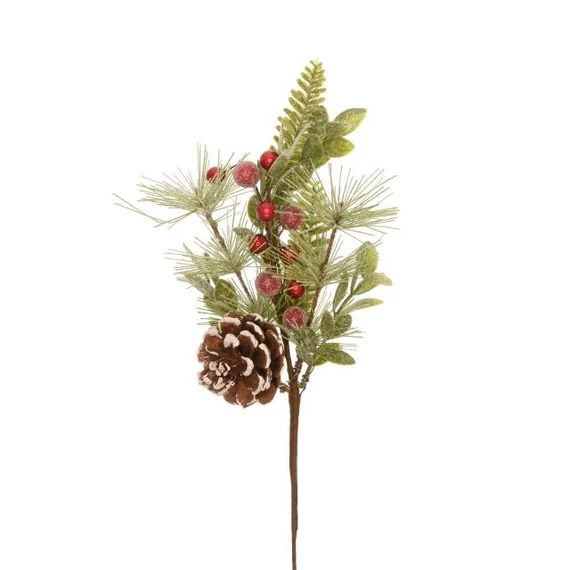 Betűzős ág, bogyóval, tobozzal, glitteres, műanyag, 33 cm, zöld, piros