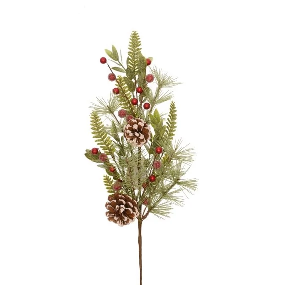 Betűzős ág bogyóval és tobozzal, glitteres, műanyag, zöld-piros, 60 cm