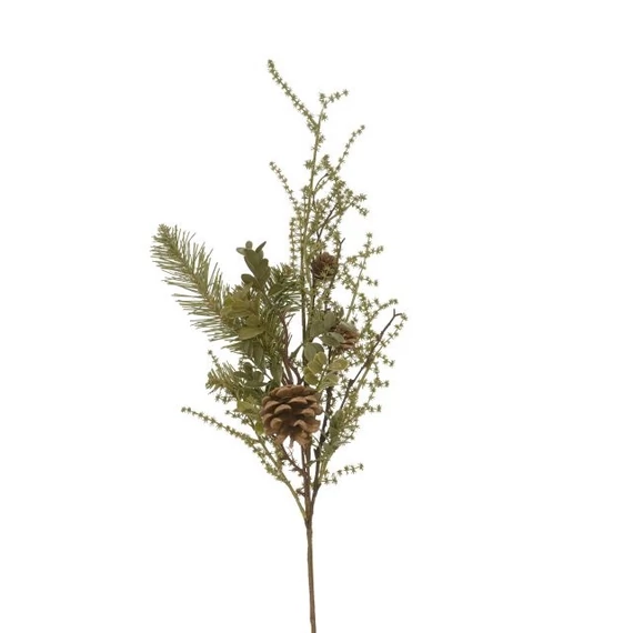 Műanyag leveles ág fenyővel, tobozzal, betűzős, 70 cm, zöld
