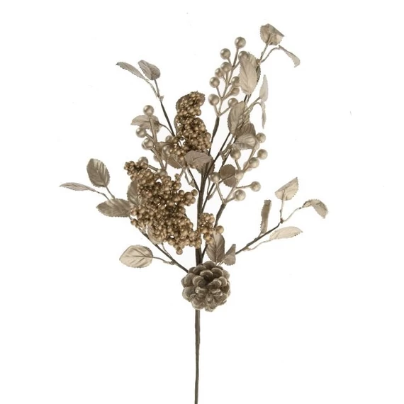 Betűzős ág leveles, tobozzal és bogyókkal, arany, 45 cm