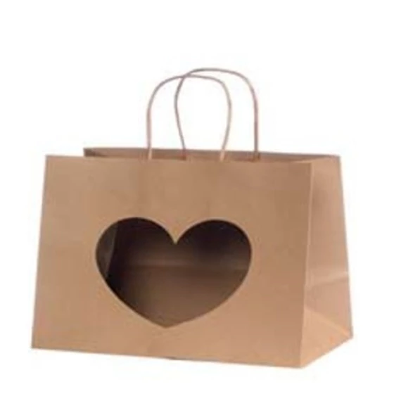 Ajándék tasak szív alakú ablakkal papír 22x29x10cm natúr 12 db