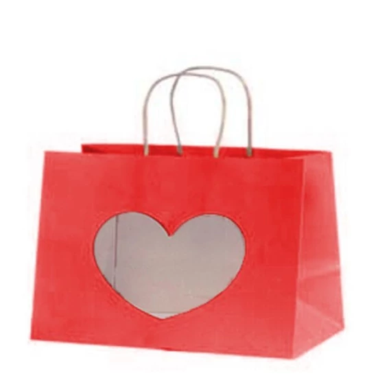 Ajándék tasak szív alakú ablakkal papír 22x29x10cm piros 12 db