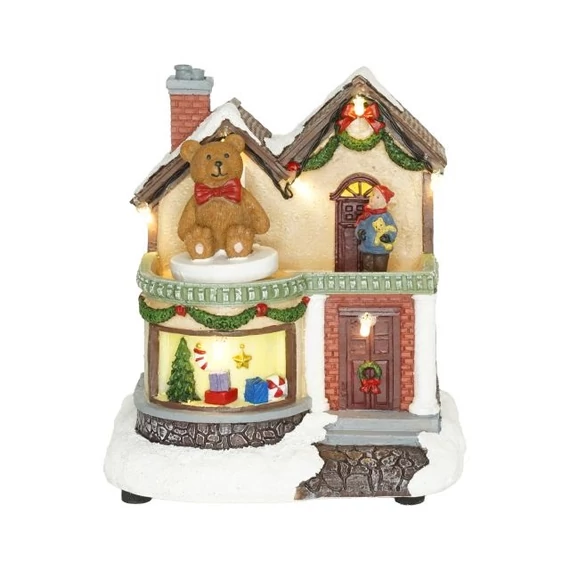 Ajándékbolt, forgó macival, LED-es poly 13x10,5x13,8 cm színes