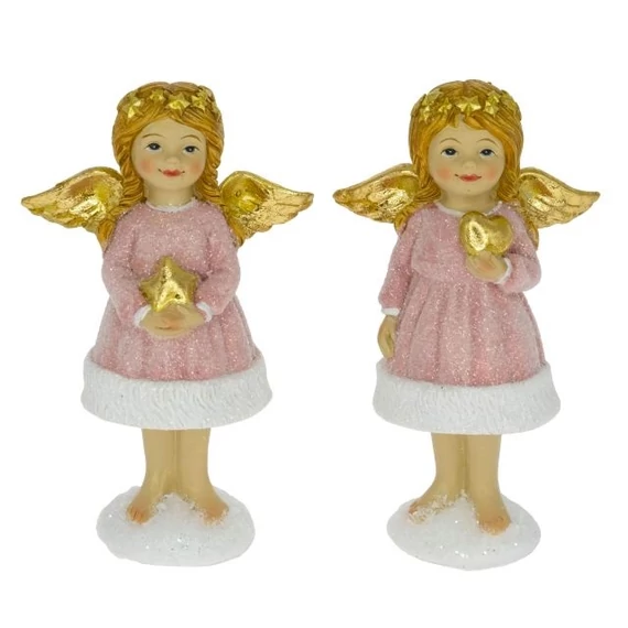 Angyal csillaggal, szívvel álló, glitteres, poly, 7,5x4x12 cm, rózsaszín, arany, 2 féle SSS