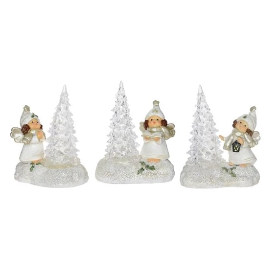 LED-es angyal fenyőfával, krém színű, poly, 12,5x8,5x14,9 cm, 3 féle