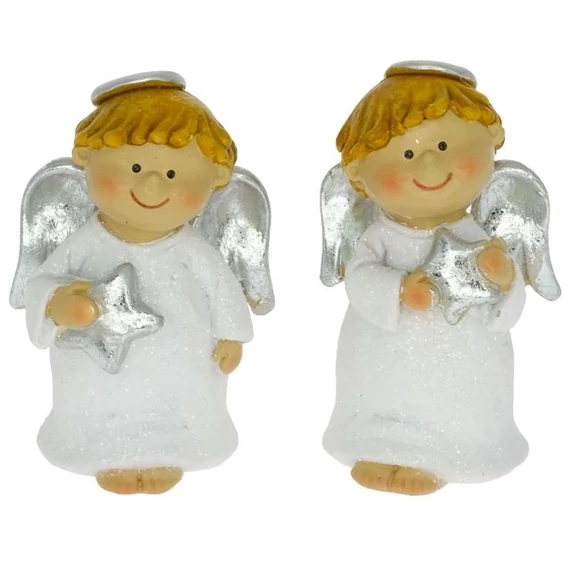 Glitteres álló angyal fiú csillaggal poly fehér-ezüst 4x3x7,5 cm 2 féle