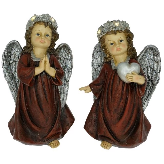 Álló imádkozó angyal szívvel LED-es glitteres poly bordó-ezüst 16x13x27 cm 2 féle