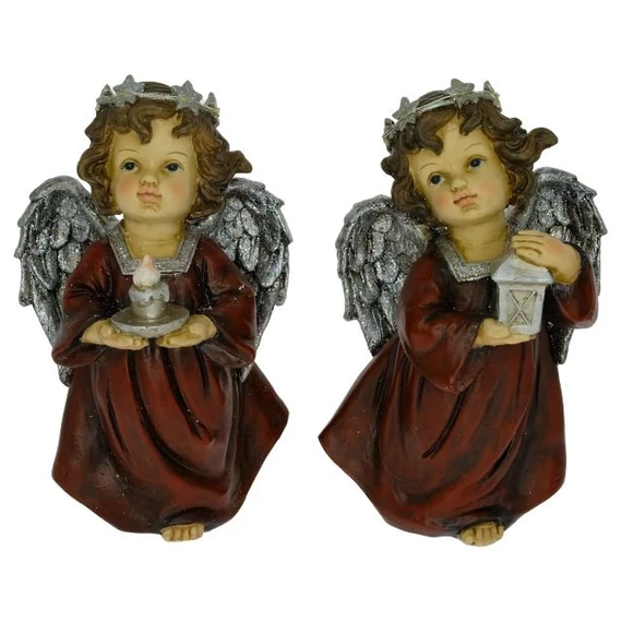 Álló angyal lámpással vagy gyertyával LED-es glitteres poly bordó-ezüst 15x12x24,5 cm 2 féle