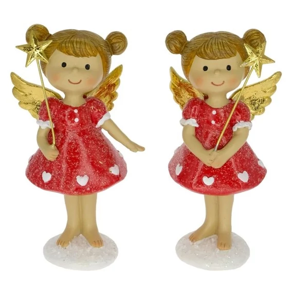 Álló angyal pálcával glitteres poly piros-arany 6,5x5x13 cm 2 féle