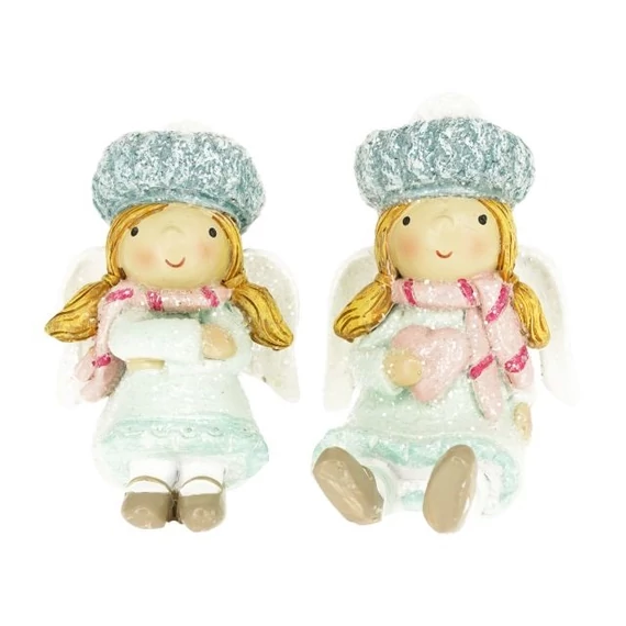 Poly angyal sapkában, szívvel ülő glitteres 4,2x4x6,5 cm menta, halvány rózsaszín (2 féle)