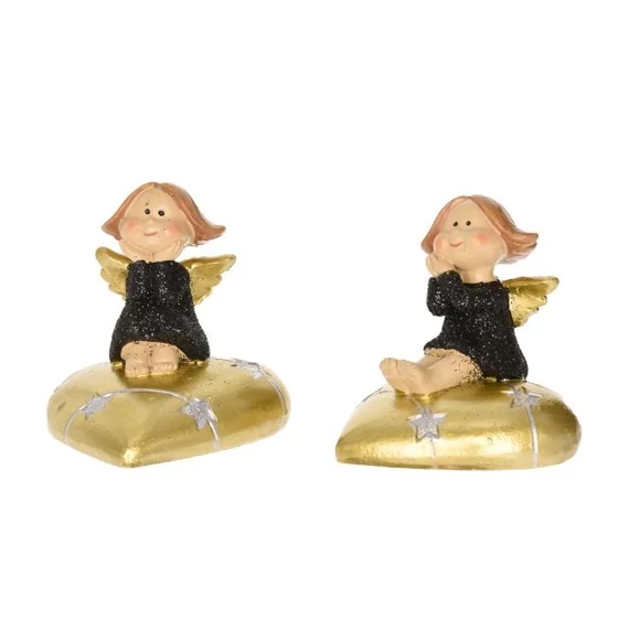 Szíven ülő angyal, 6,4x5,7x6,3 cm, fekete-arany, glitteres, 2 féle