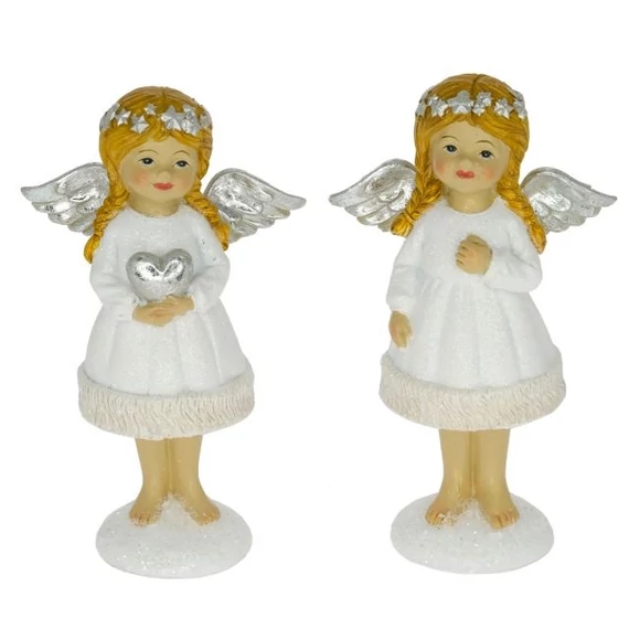 Álló angyal szívvel glitteres poly fehér-ezüst 9x4,5x15 cm 2 féle