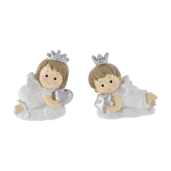 Fekvő angyal szívvel és csillaggal poly fehér-ezüst 5x1,5x6 cm 2 féle