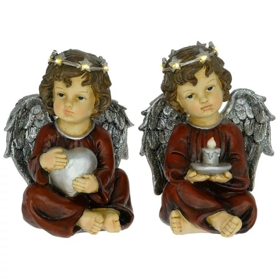 Ülő angyal szívvel vagy gyertyával LED-es glitteres poly bordó-ezüst 14,5x14x19,5 cm 2 féle
