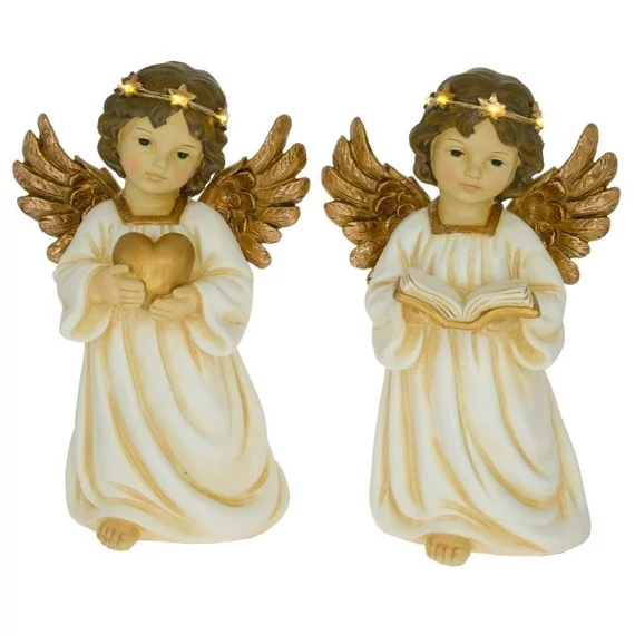 Álló angyal szívvel vagy könyvvel LED-es poly krém-bronz 16,5x13x25,5 cm 2 féle