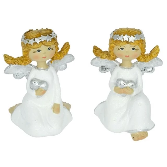 Ülő angyal szívvel glitteres poly fehér-ezüst 5,5x5,5x8 cm 2 féle