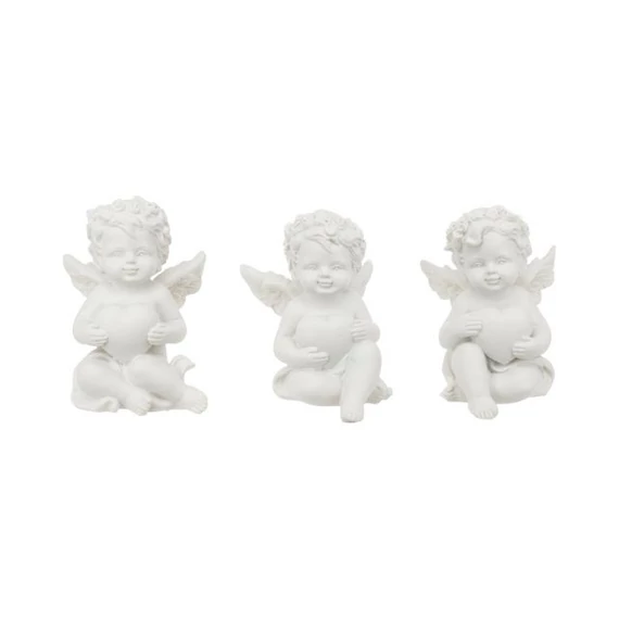 Ülő angyal szívvel, poly, 4,5x5,3x6,3 cm, fehér, 3 féle