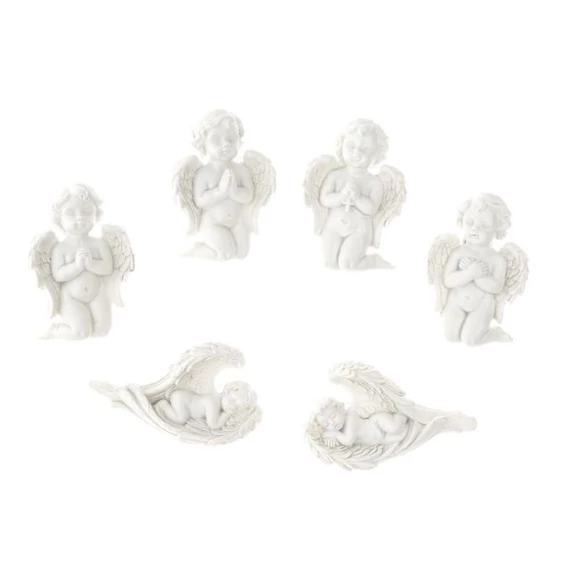 Térdelő és fekvő angyal, ragasztható, poly, 4,5x1,8x6,8 cm, fehér, 6 féle