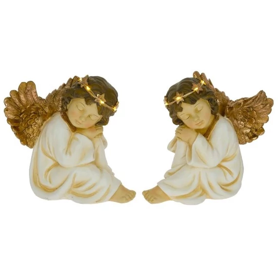 Ülő angyal LED-es poly krém-bronz 19x15x18 cm 2 féle