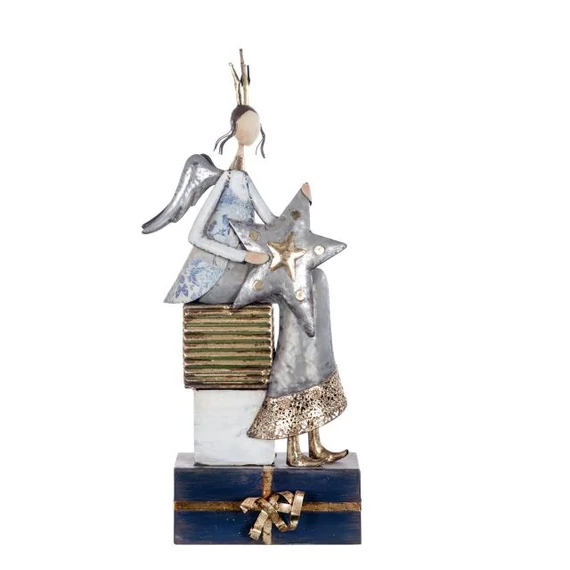 Ülő angyal, csillaggal, ajándékkal, fém, 59 cm, kék, arany