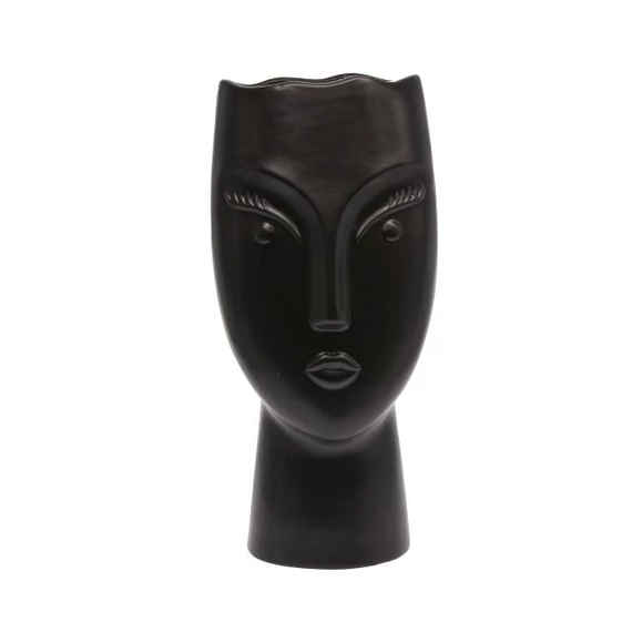 Váza arccal, kerámia, fekete, 12,2x9,9x26,1 cm