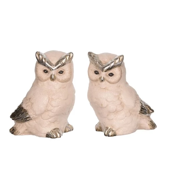 Álló porcelán bagoly, fehér-ezüst, 10,4x7,8x12,3 cm, 2 féle