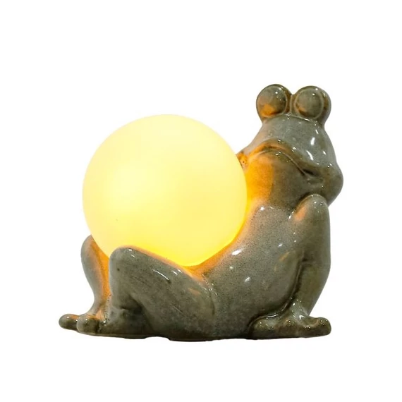Fekvő béka, LED-es gömbbel, porcelán, zöld, fehér, 13,5x10x11,5 cm