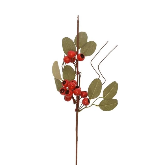 Bogyós ág eucalyptus levéllel, műanyag, polyfoam, 52 cm piros, zöld