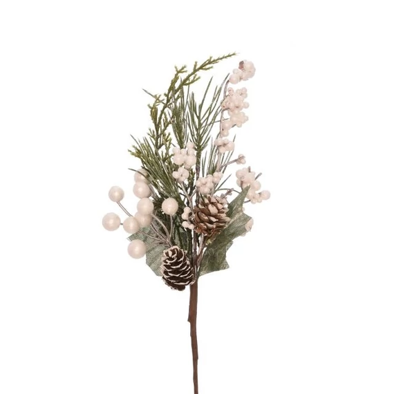 Bogyós ág levéllel, fehér és zöld, műanyag és polyfoam, 27 cm