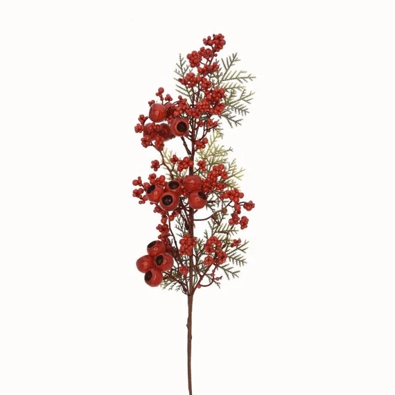Bogyós ág levéllel, műanyag, polyfoam, 68 cm, piros, zöld