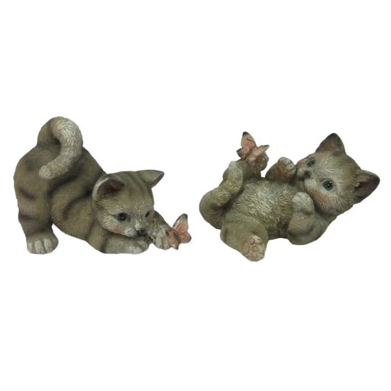 Fekvő, álló cica, lepkével, poly, szürke, barna, 9x6x6,5 cm, 2 féle