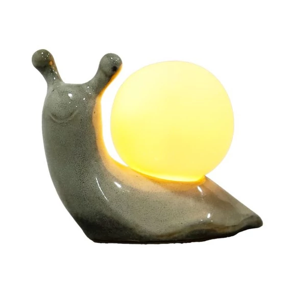 Csiga, LED-es gömbbel, porcelán, zöld, fehér, 14x8x11,5 cm