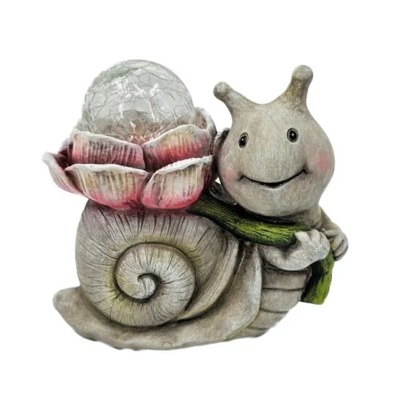 Csiga virággal, LED-es gömbbel, poly, bézs, rózsaszín, 21,5x13,5x19,5 cm