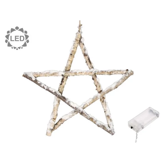 LED-es akasztós fa csillag, havas, 40 cm, natúr