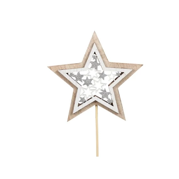 Betűzős csillag fa 12 cm, ezüst, natúr, 6 db
