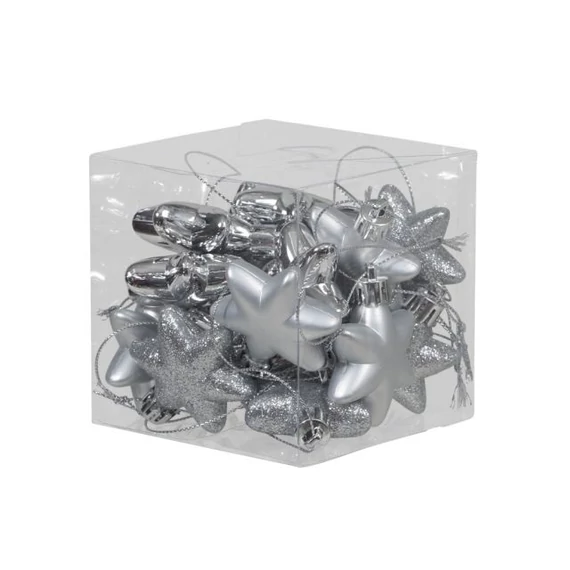 Műanyag csillag, fényes-matt-glitteres, 5 cm, ezüst, 18 db