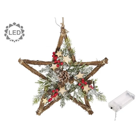 LED-es vessző csillag fenyővel, tobozzal, 41 cm, natúr, zöld