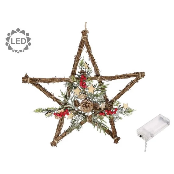 LED-es fa csillag fenyővel, tobozzal, 51 cm, natúr