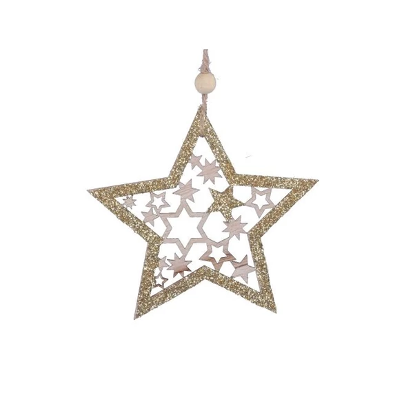 Glitteres akasztós csillag arany, fa, 9,5 cm