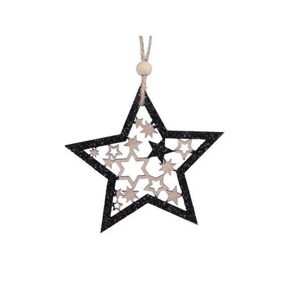 Csillag glitteres akasztós fa 9,5 cm fekete 6 db SSS