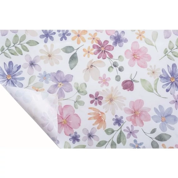 Csomagolópapír, virág mintás, vízálló, fehér-lila, 0,8 m x 20 m
