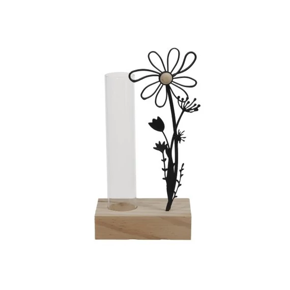 Dekoráció kémcsővel, virággal fém-fa fekete, natúr 8×5,5×16 cm