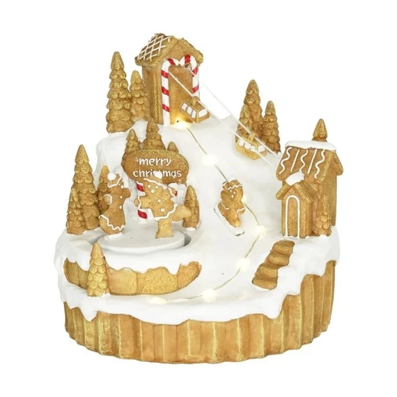 Dioráma mézeskalács sípálya, mozgó figurákkal LED-es poly 15,5x16x16,7 cm barna, fehér