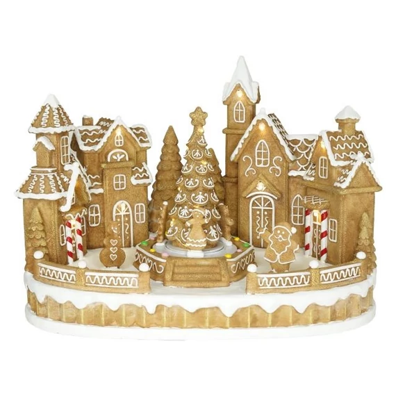 Dioráma mézeskalács város fenyővel, mozgó figurákkal LED-es poly 31,5x20,3x22,5 cm barna, fehér