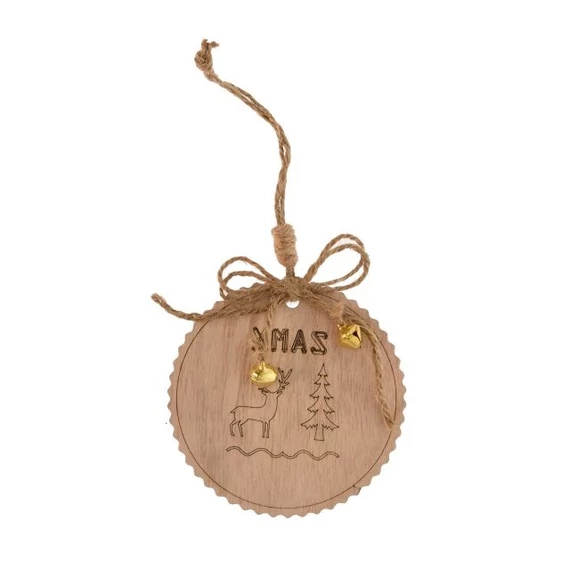 Akasztós dísz "XMAS" felirattal és szarvassal, fa, natúr, 10x10x1 cm