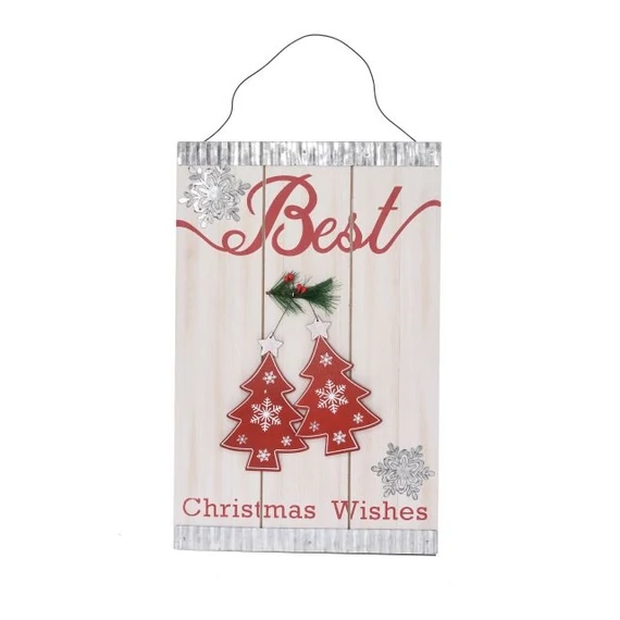 Dísz fenyőfával, "Best Christmas wishes" felirattal, akasztós, fa, 20x2x33 cm, fehér és piros