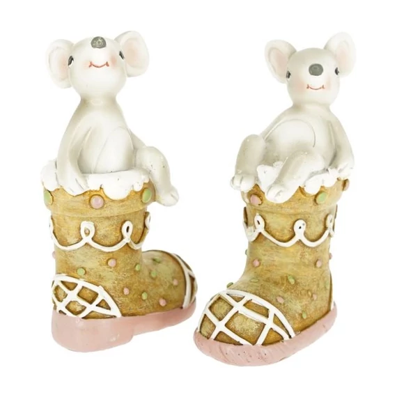 Poly egér mézeskalács csizmában álló, ülő 5,5x3,5x9,5 cm barna, bézs (2 féle)