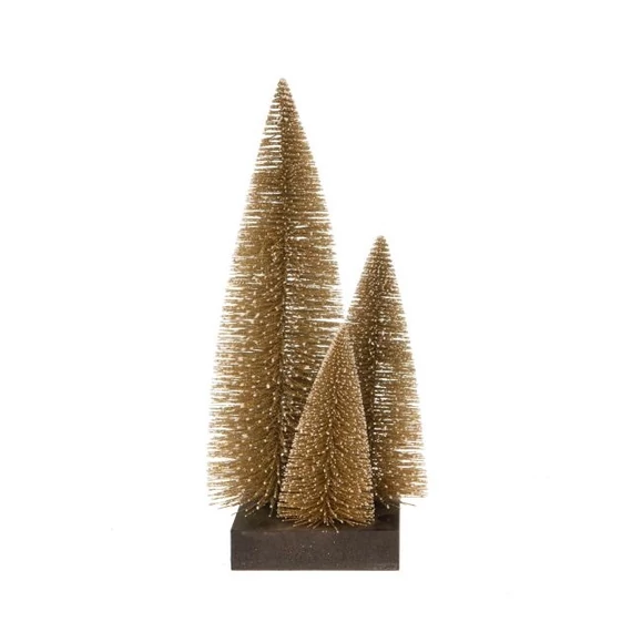 Fenyő 3 db-os, szögletes fa talpon, műanyag, 30, 20, 15 cm, arany