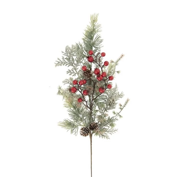 Fenyő ág bogyókkal, betűzős, 65 cm, műanyag, zöld és piros