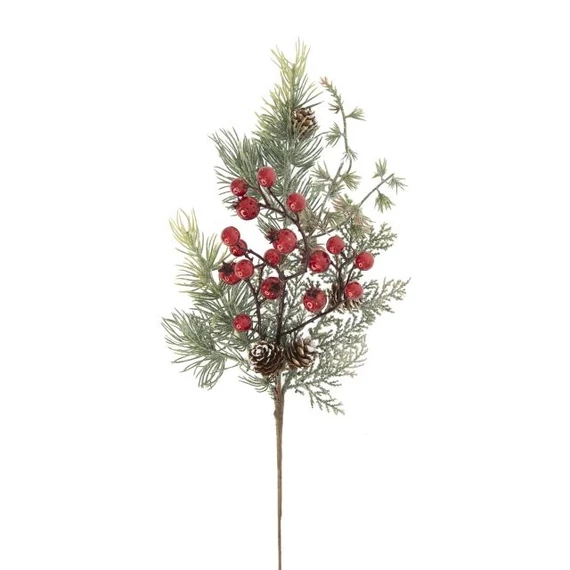Fenyő ág bogyókkal, tobozzal, betűzős, glitteres, 46 cm, műanyag, zöld, piros